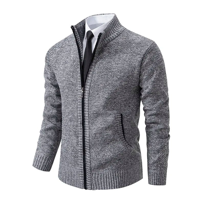 Men's zip-up knit jacket in light gray heather with stand collar and side pockets