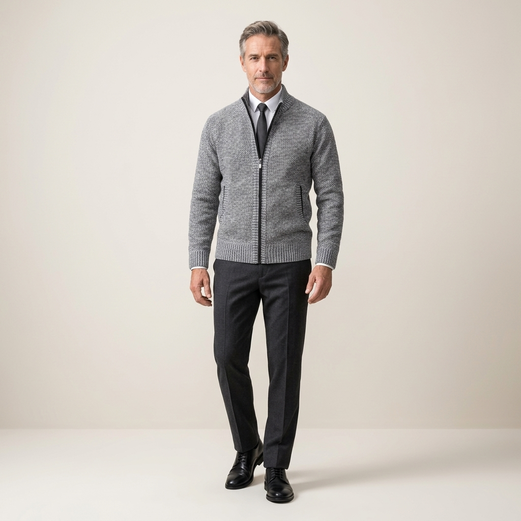 Men's grey wool zip-up jacket with stand collar and front pockets, tailored fit