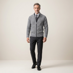 Men's grey wool zip-up jacket with stand collar and front pockets, tailored fit