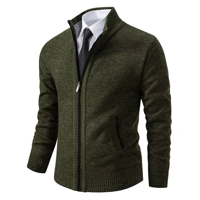 Men's zip-up knit jacket in dark green with stand collar and zip front pockets