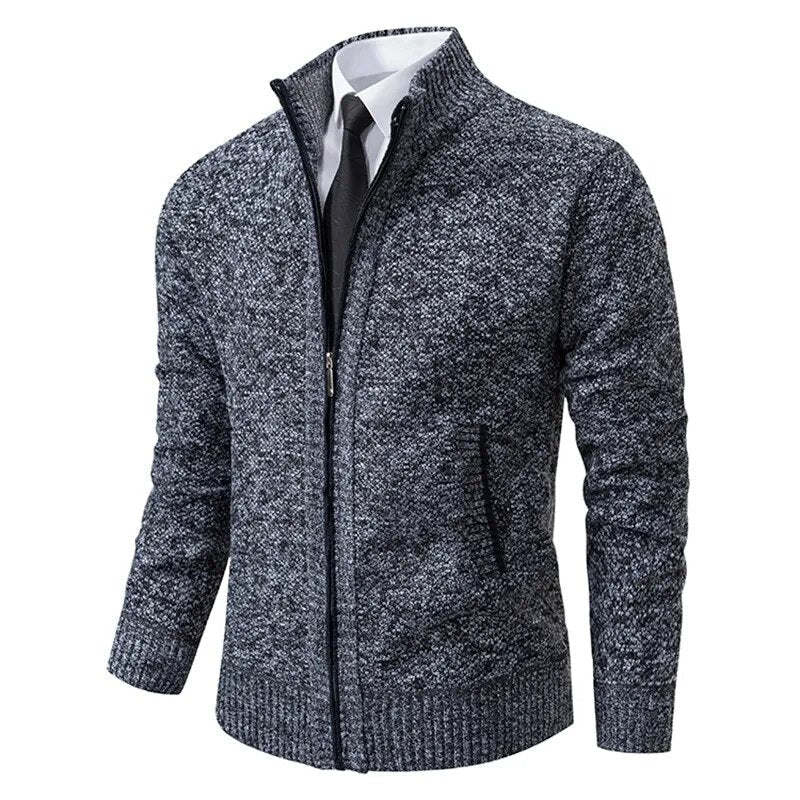 Men's zip-up knit jacket in dark gray heather with stand collar and zip front pockets