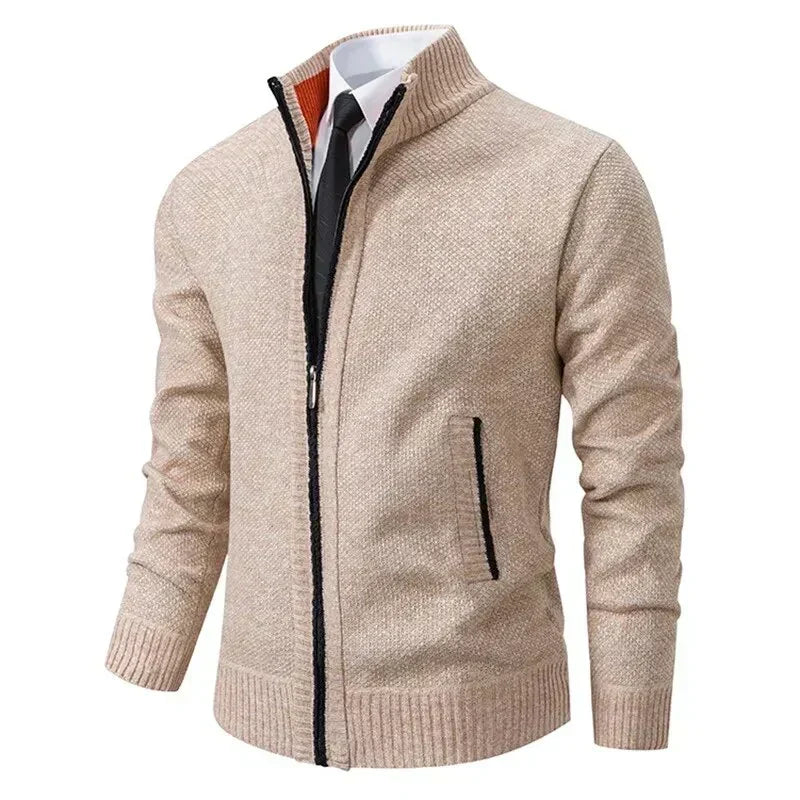 Men's zip-up knit jacket in beige with stand collar and zip front side pockets