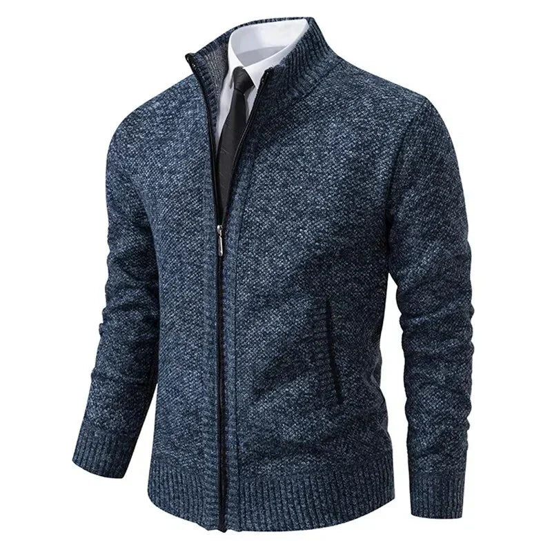 Men's zip-up knit jacket in blue heather with stand collar and zip front pockets