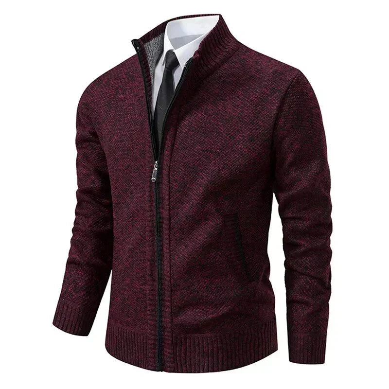 Men's zip-up knit jacket in burgundy with stand collar and zip front side pockets