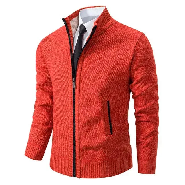 Men's zip-up knit jacket in coral red with stand collar and zip front side pockets