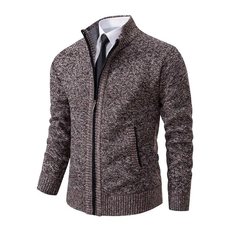 Men's zip-up knit jacket in dark gray heather with stand collar and zip front pockets