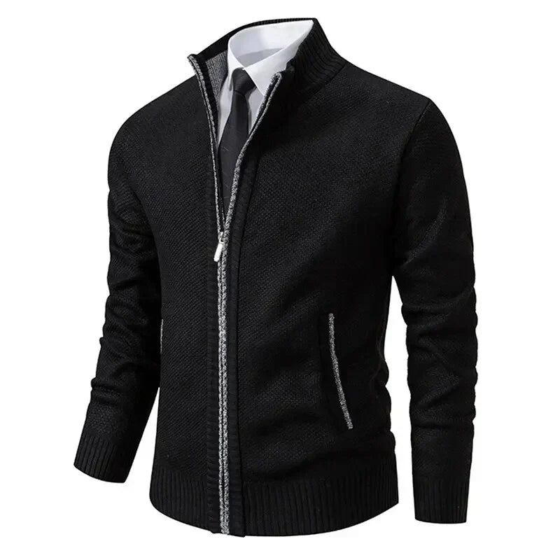 Men's zip-up knit jacket in black with stand collar and zip front side pockets