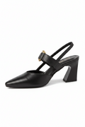 Black slingback block-heel pumps with ankle strap and pointed toe
