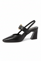 Black slingback block-heel pumps with ankle strap and pointed toe