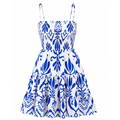 Blue-and-white printed smocked cami dress with tiered skirt, spaghetti straps, knee length