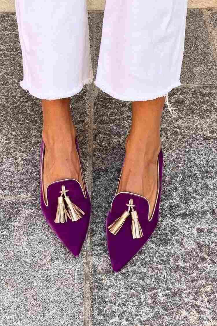Colette women's tassel loafers in purple with gold fringe tassels