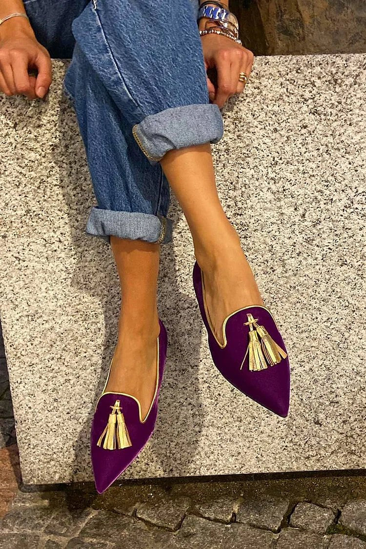 Colette women's tassel loafers, purple suede with gold fringe tassels, side view