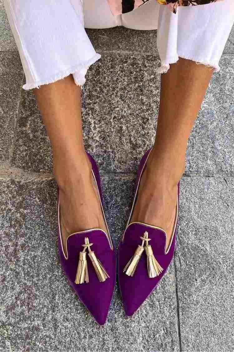 Colette women's tassel loafers in purple with gold tassel fringe, pointed toe