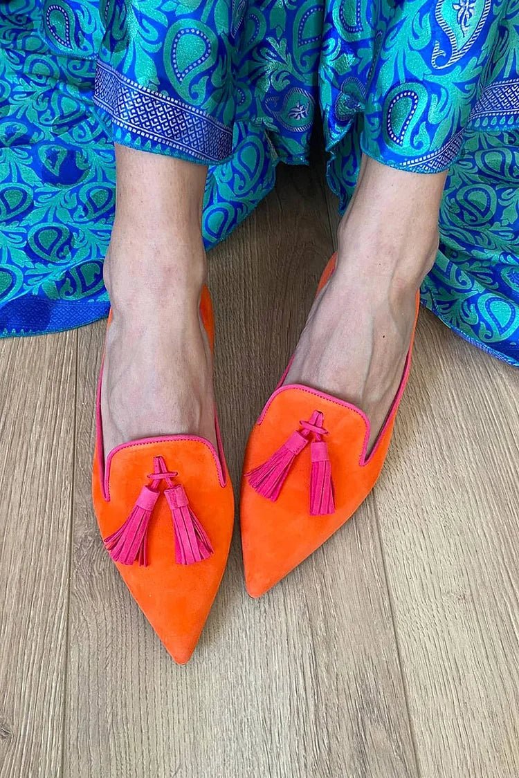 Colette women's tassel loafers in orange with pink tassel fringe, pointed toe