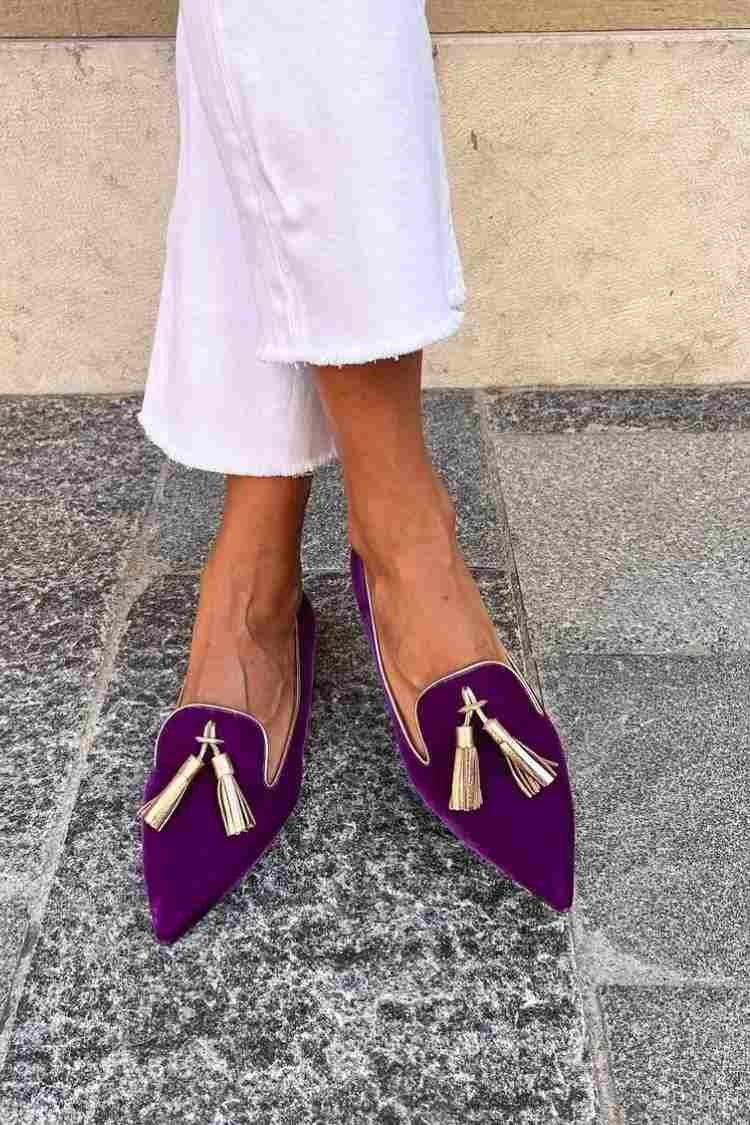 Colette women's tassel loafers in purple with gold fringe tassels, slip-on fit