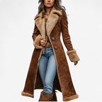 Long brown winter coat with shearling-lined collar and cuffs, button-front, full length