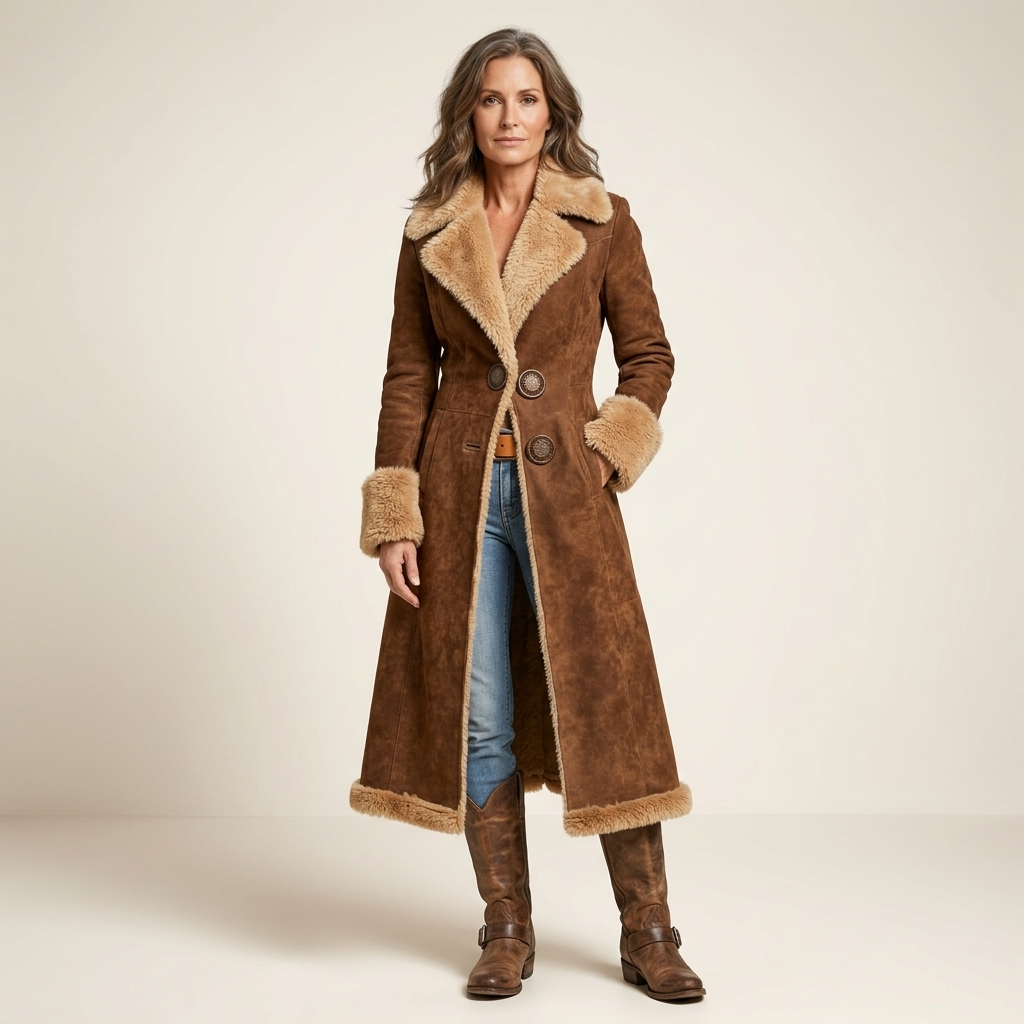 Brown long women’s tailored winter coat with tan shearling collar and button front