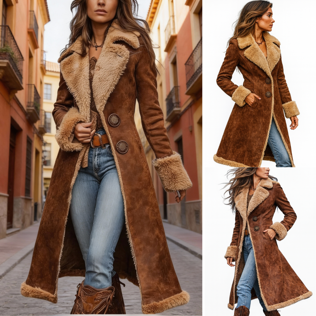 Long brown coat with shearling trim, double-button front, tan lining, side/front views