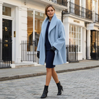 Light blue long winter coat with open front and wide lapels, relaxed fit