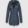Navy blue down coat with hood, full-zip front, quilted puffer design