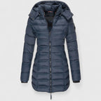 Navy blue down coat with hood, full-zip front, quilted puffer design