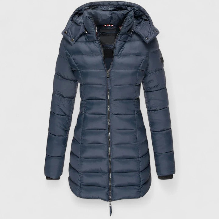Navy blue down coat with hood, full-zip front, quilted puffer design