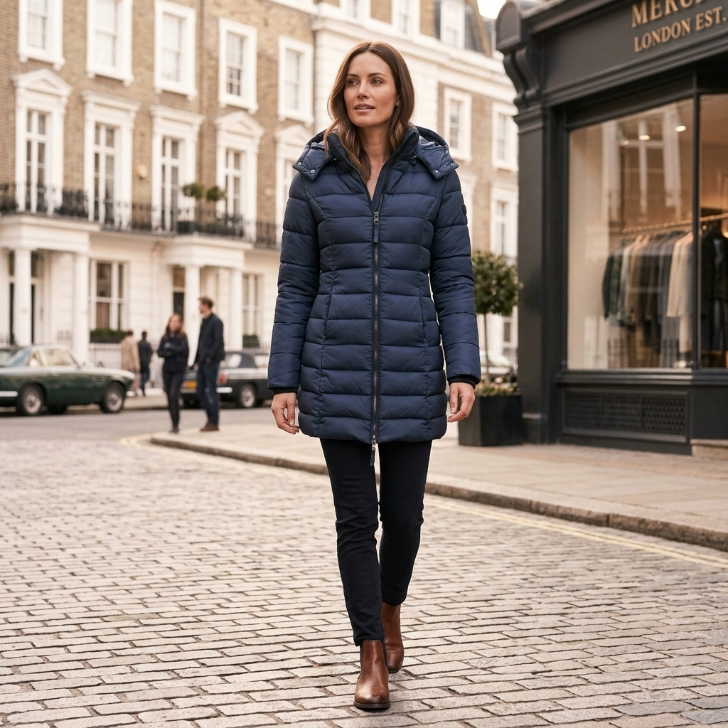 Women's slim-fit navy insulated down parka coat with detachable hood, zip front