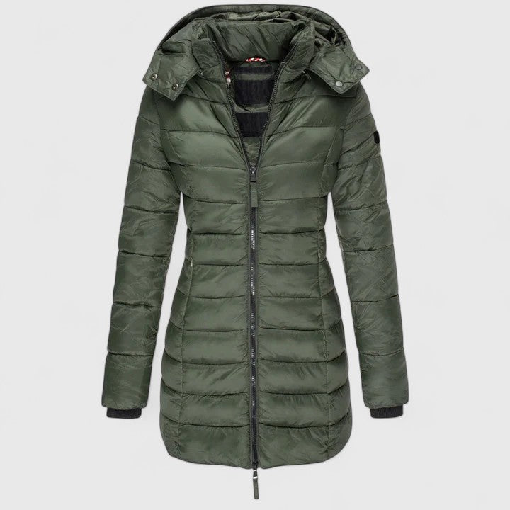Army green down coat with hood, full-zip front, quilted puffer design