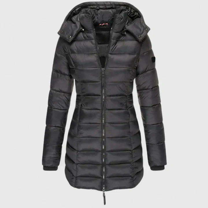 Black down coat with hood, full-zip front, quilted puffer design
