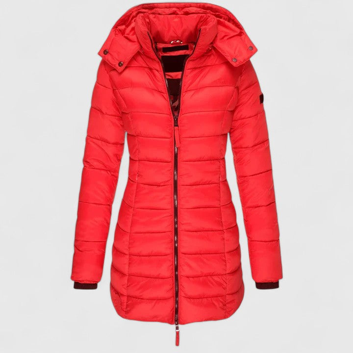Red down coat with hood, full-zip front, quilted puffer design