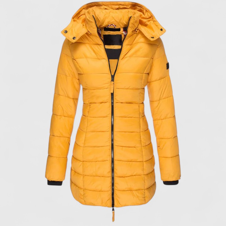 Yellow down coat with hood, full-zip front, quilted puffer design