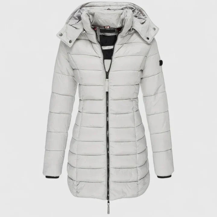 Light gray down coat with hood, full-zip front, quilted puffer design