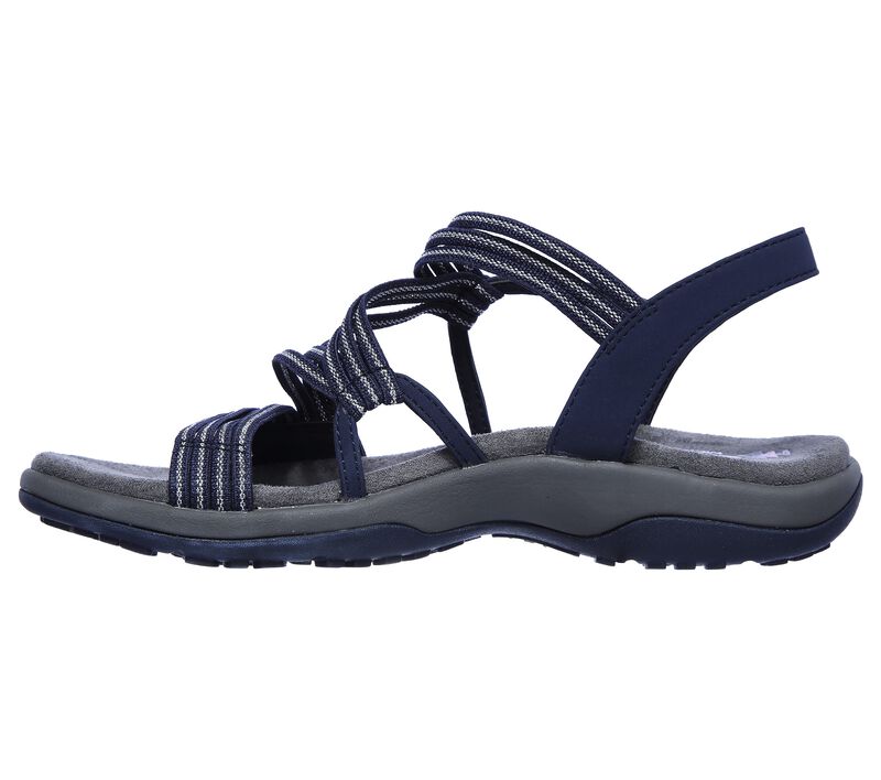 Navy slip-on sandals with braided crisscross straps, open toe, and grippy sole