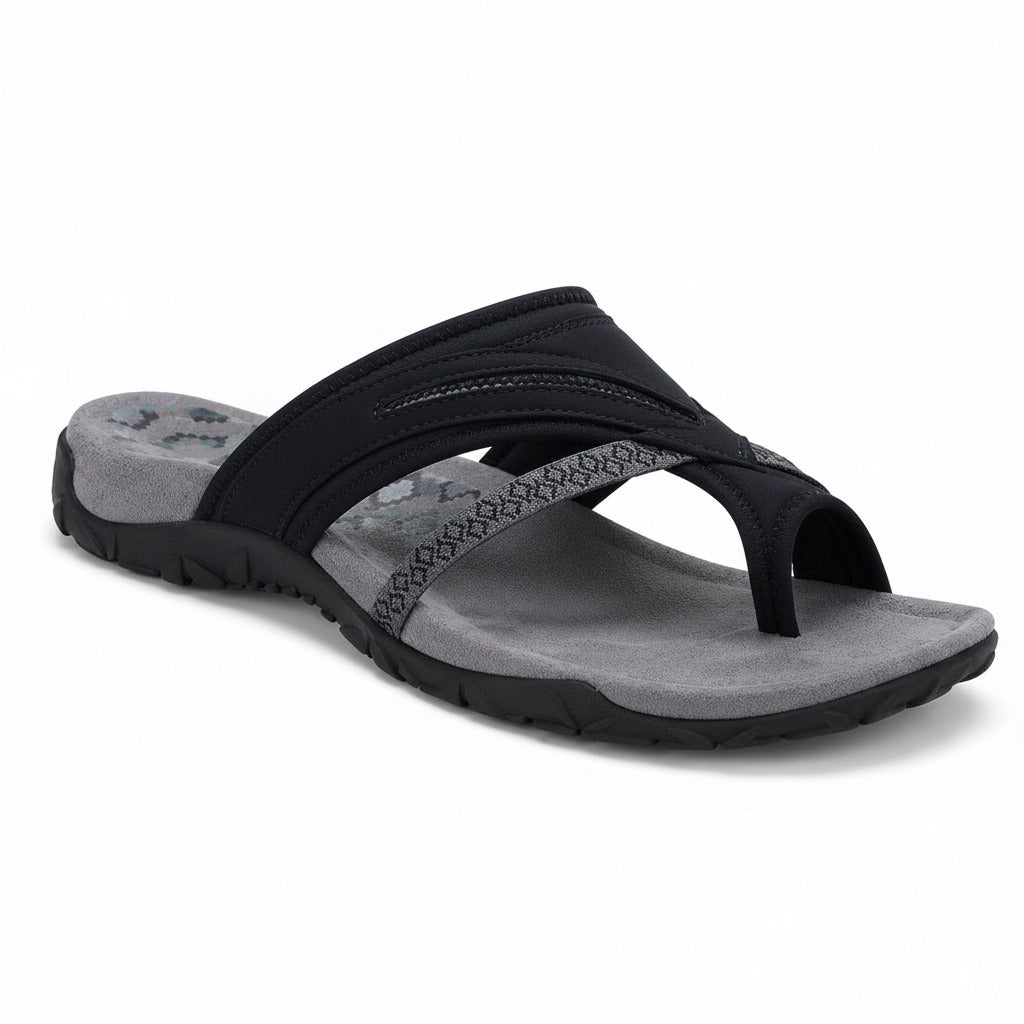 Black thong flip-flops with wide straps and gray textured insole