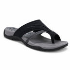 Black thong flip-flops with wide straps and gray textured insole