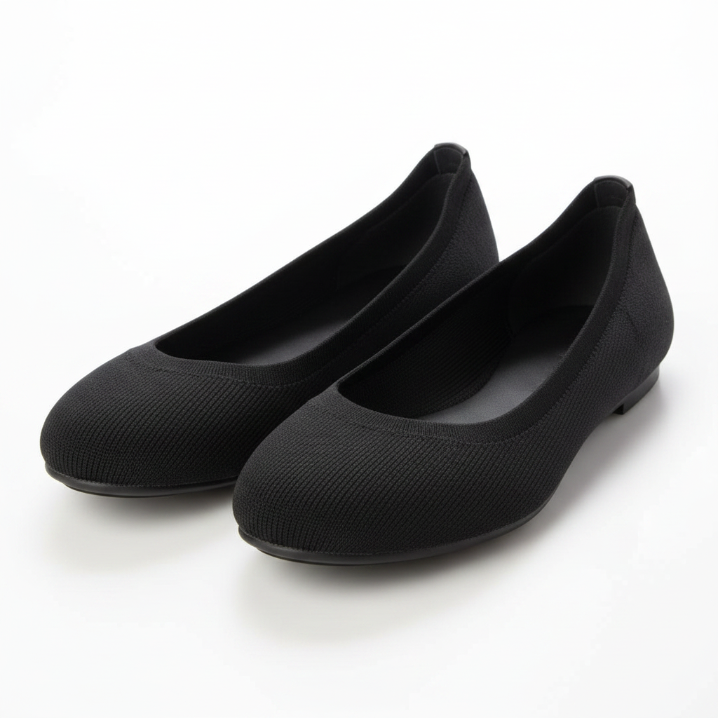 Black stretch knit slip-on ballerina flats with rounded toe