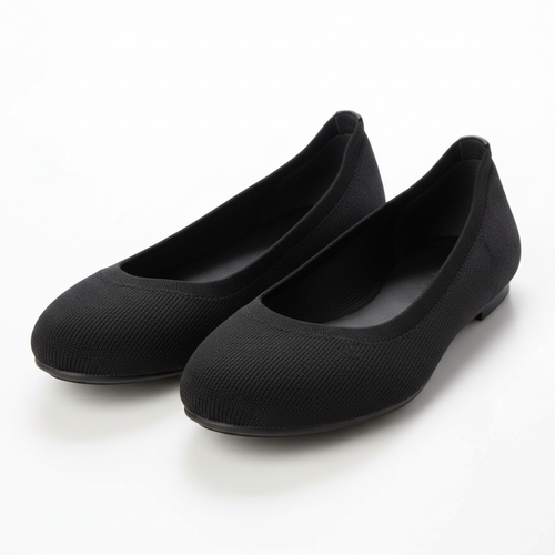 Black stretch knit slip-on ballerina flats with rounded toe