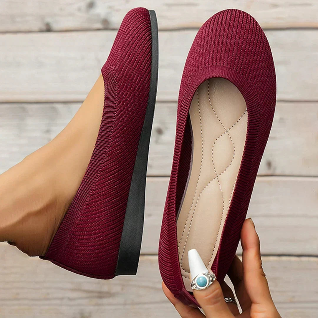 Burgundy stretch knit ballerina flats with rounded toe