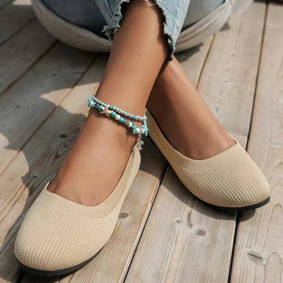 Beige stretch knit slip-on ballerina flats with rounded toe