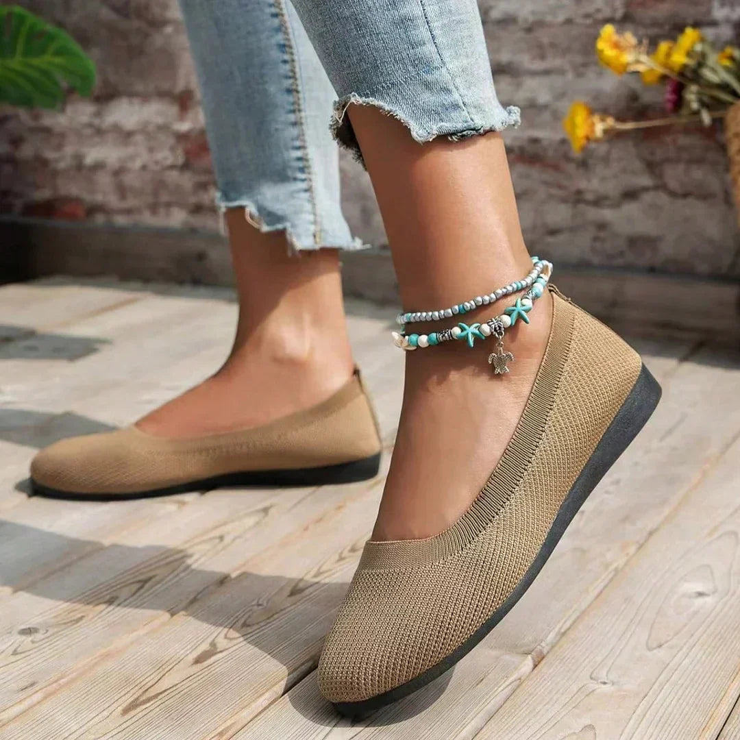 Beige stretch knit slip-on ballerina flats with low wedge sole