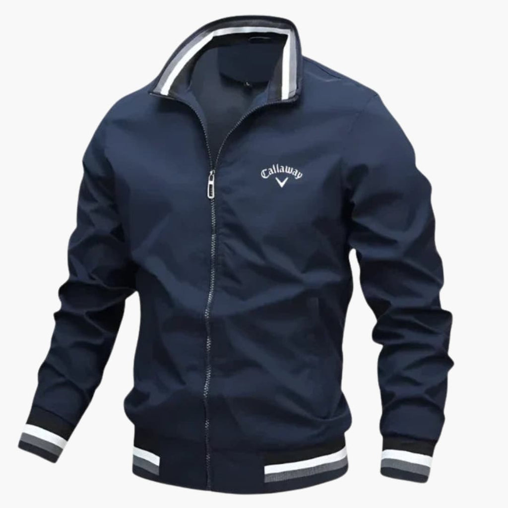 Conrad™ premium men's jacket, navy full-zip with stand collar and striped ribbed cuffs