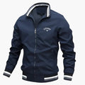 Conrad™ premium men's jacket, navy full-zip with stand collar and striped ribbed cuffs