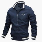 Conrad™ premium men's jacket, navy full-zip with stand collar and striped ribbed cuffs