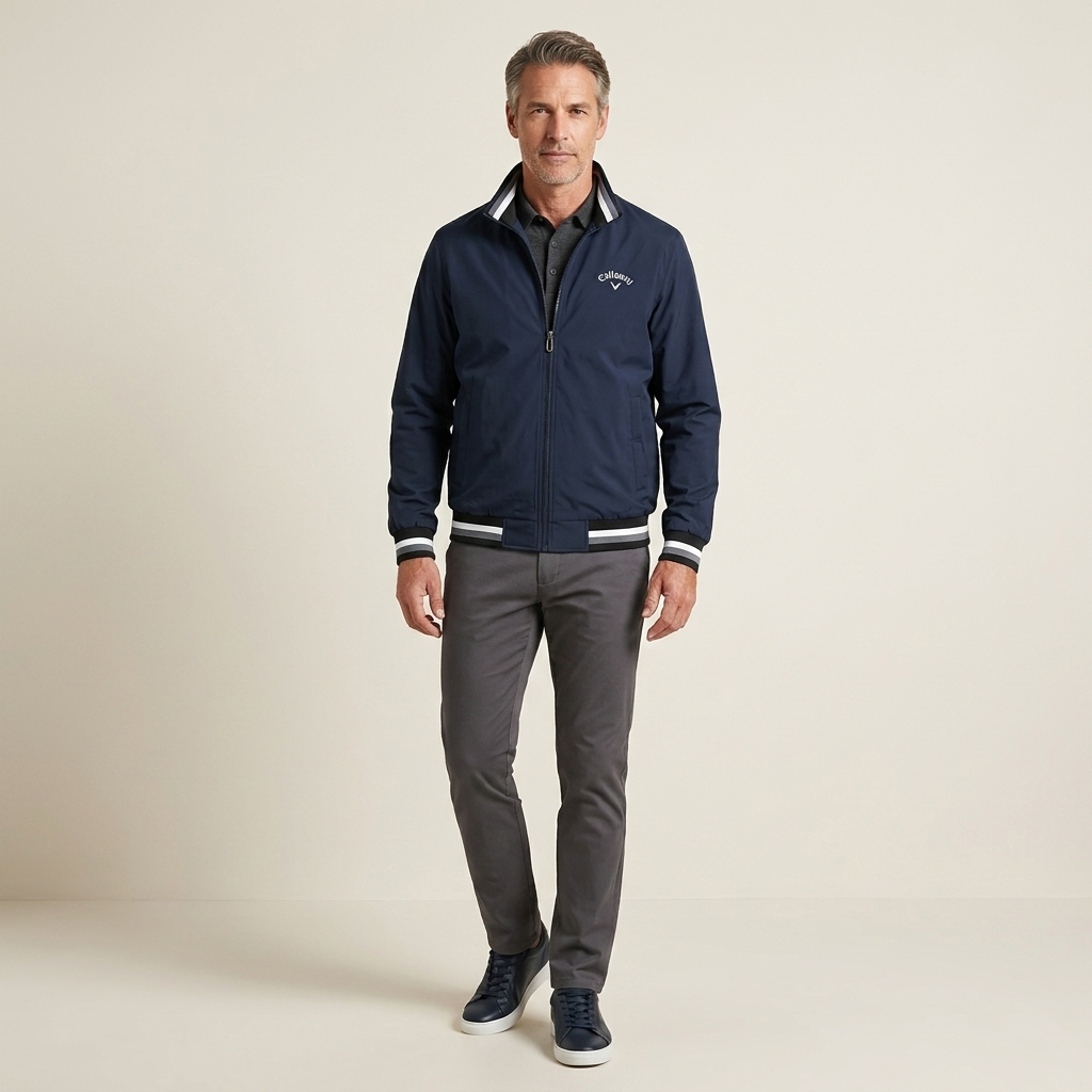 Men's weatherproof jacket, dark blue zip front, stand collar, adjustable cuffs.