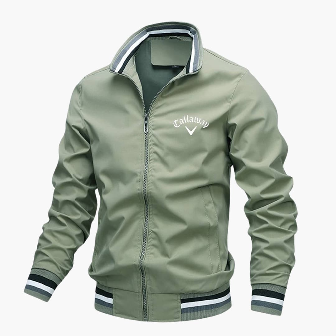 Conrad™ premium men's jacket, green full-zip with stand collar and striped ribbed trim