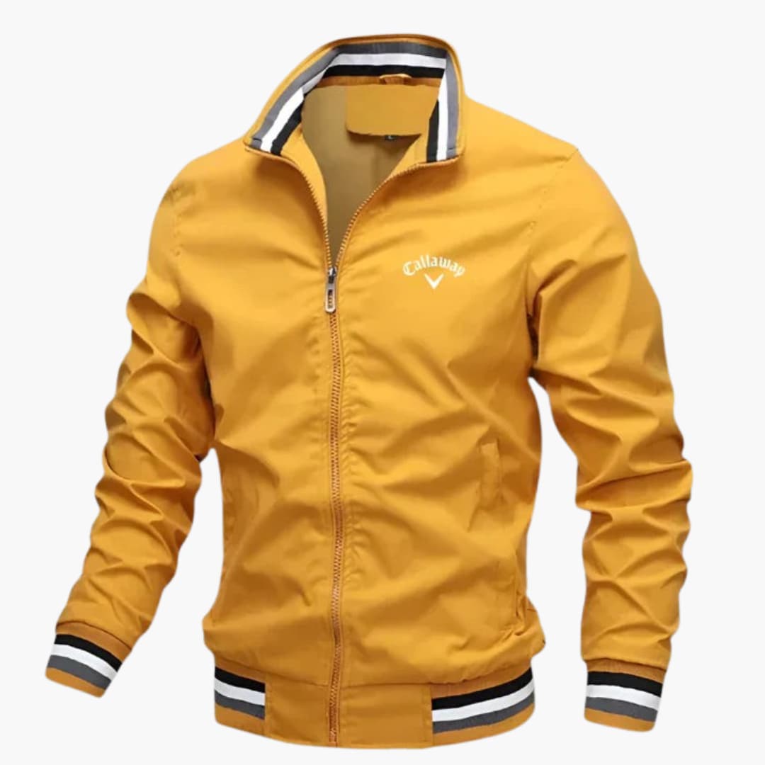 Conrad™ premium men's jacket, yellow full-zip with stand collar and striped ribbed cuffs