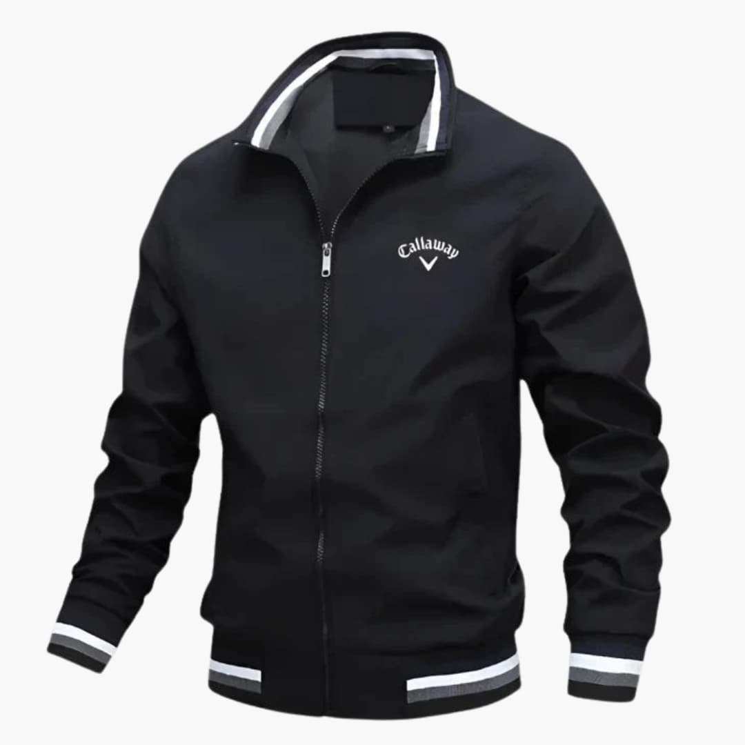 Conrad™ premium men's jacket, black full-zip with stand collar and striped ribbed cuffs