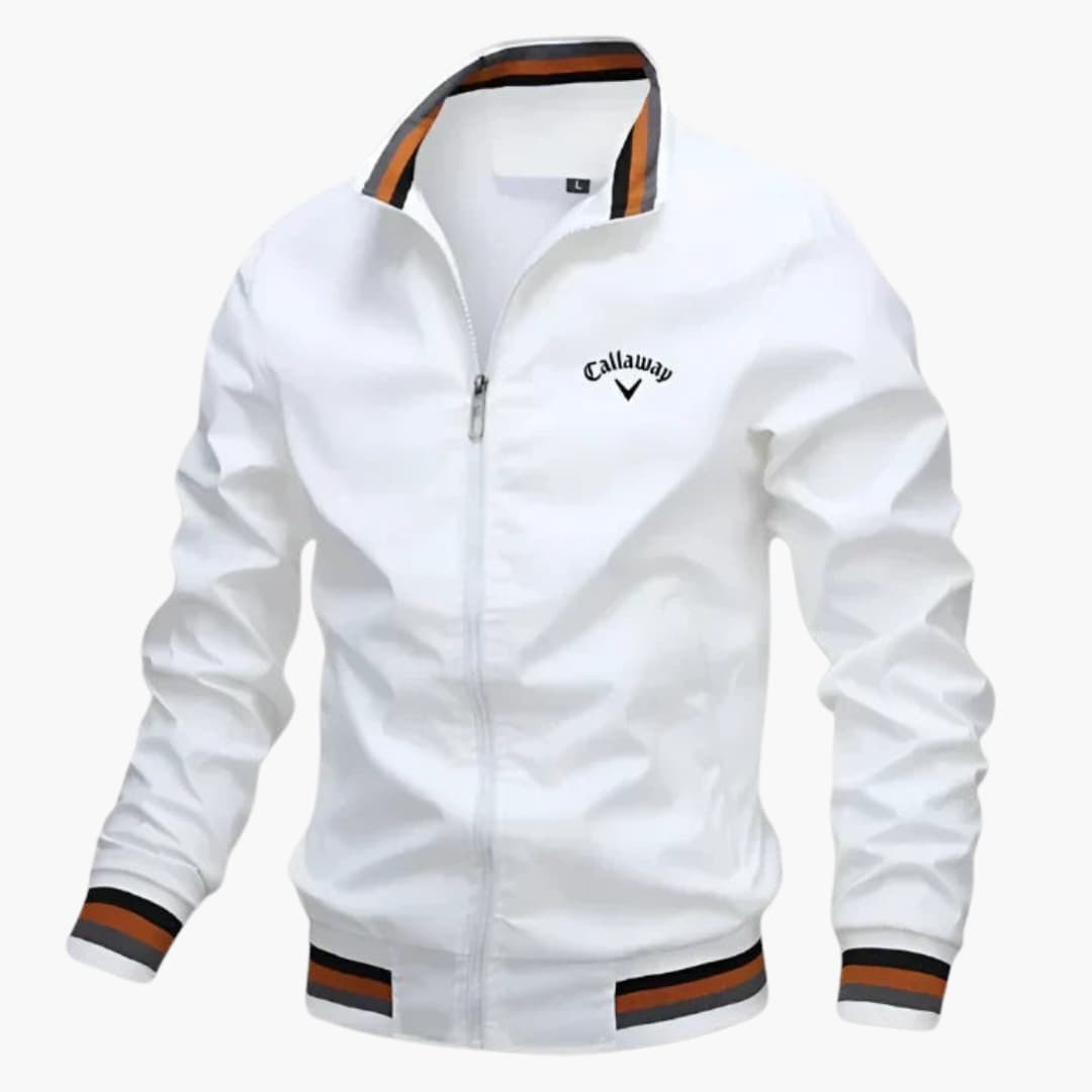 Conrad™ premium men's jacket, white full-zip with stand collar and striped ribbed hem