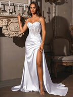White lace corset prom maxi dress with spaghetti straps, sweetheart neckline, side slit