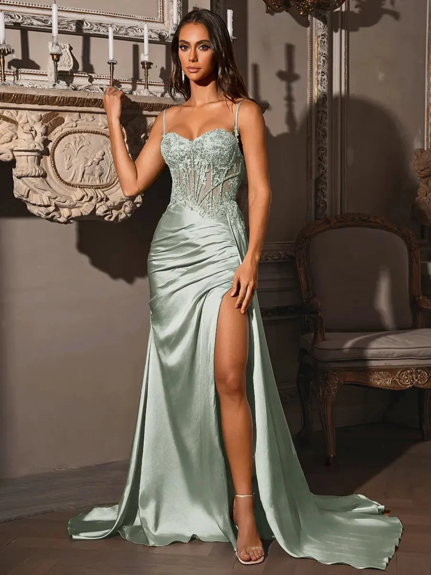 Light green lace corset prom maxi dress with spaghetti straps, sweetheart neckline, side slit